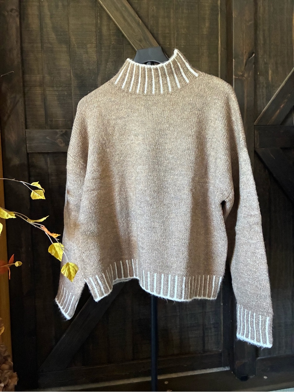 Elan Taupe Knit Cowl Neck Sweater with Cream Trim Absolutely Gorgeous!!